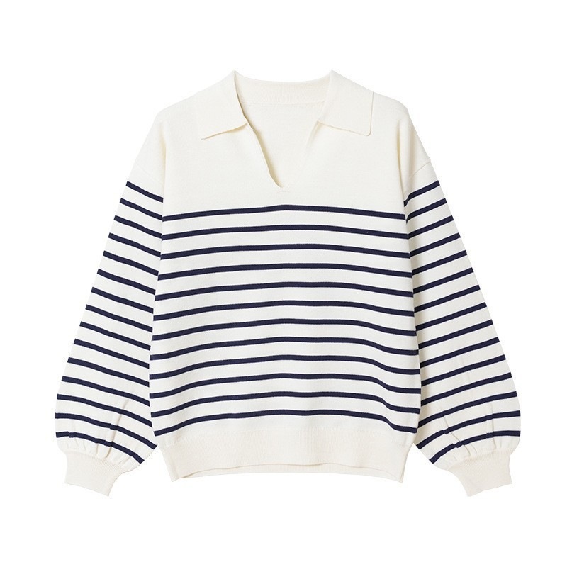 Sweaters & Knits | Relaxed Collared Sweater White Stripes – Womens Clothing Sweaters & Knits