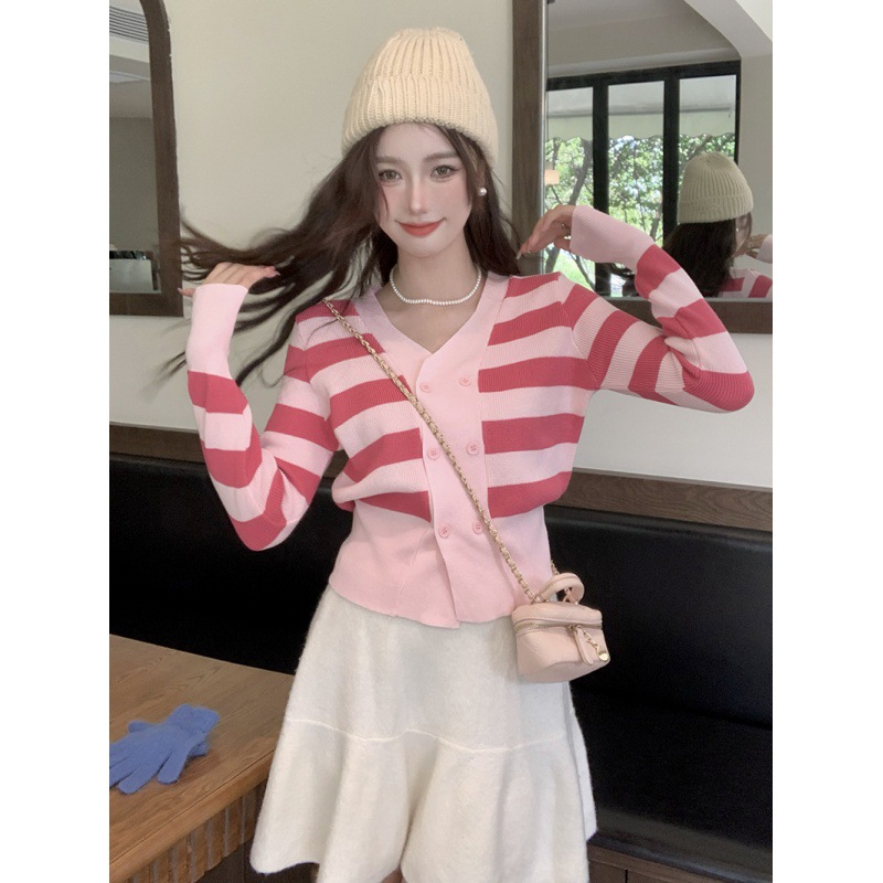 Sweaters & Knits | Cropped Knit Cardigan Pink/Orange Stripes – Womens Clothing Pink/Orange Stripes